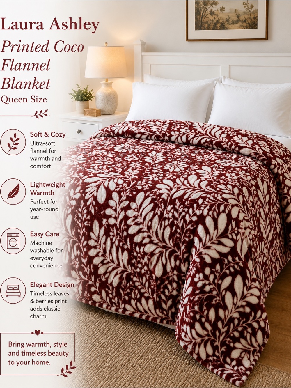 Laura Ashley Printed Coco Flannel Blanket Queen Leaves & Berries Red NWT Sample